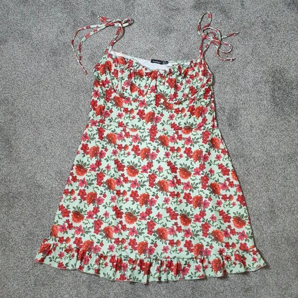 Boohoo Dresses & Skirts - Boohoo Sundress; Tie Straps; Ruffles; Pale Green with Red Flowers; Size 16